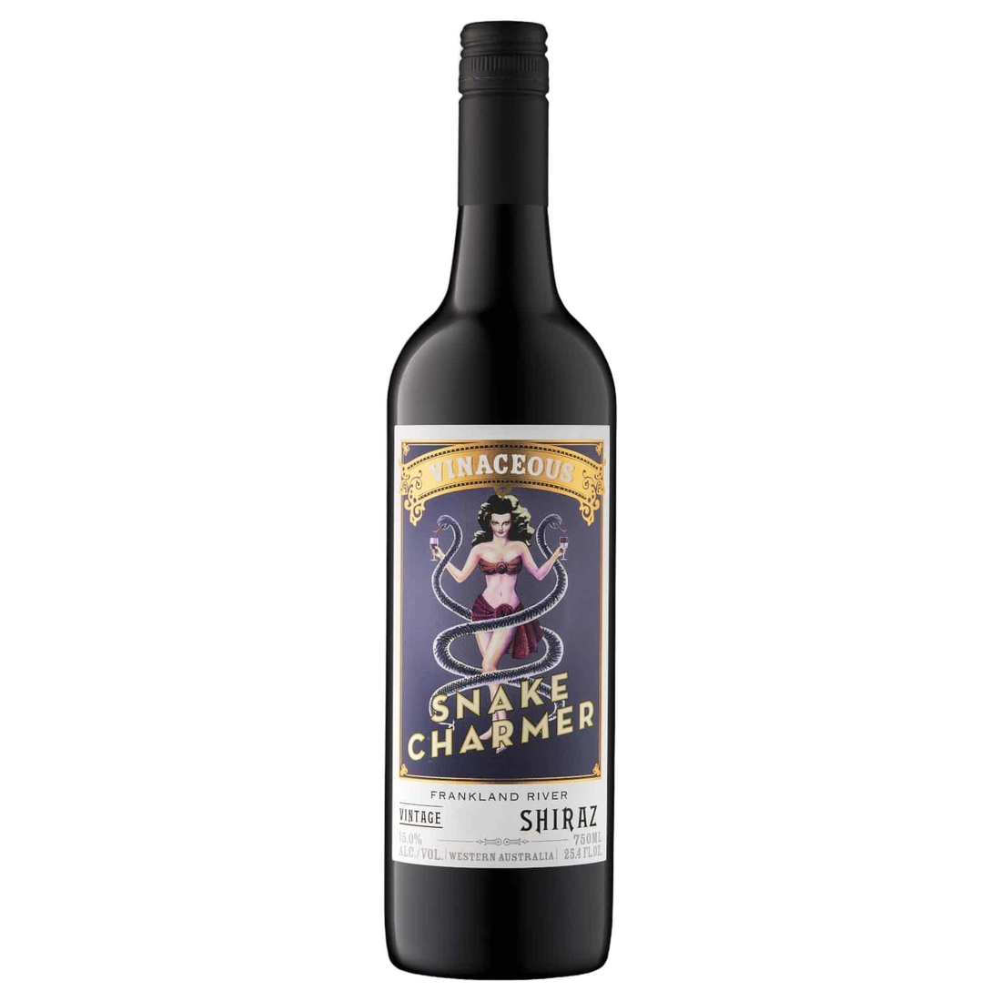 A bottle of 2023 Vinaceous Snake Charmer Shiraz 750ml Red Wine