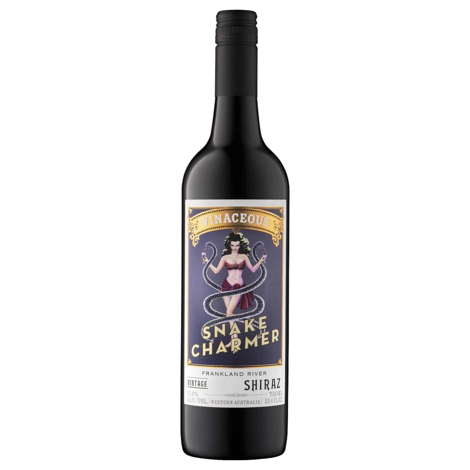 A bottle of 2023 Vinaceous Snake Charmer Shiraz 750ml Red Wine