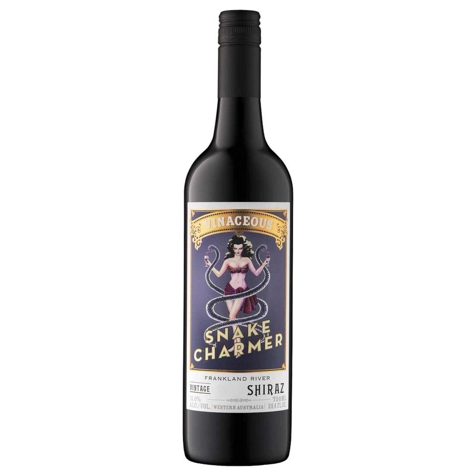 A bottle of 2023 Vinaceous Snake Charmer Shiraz 750ml Red Wine