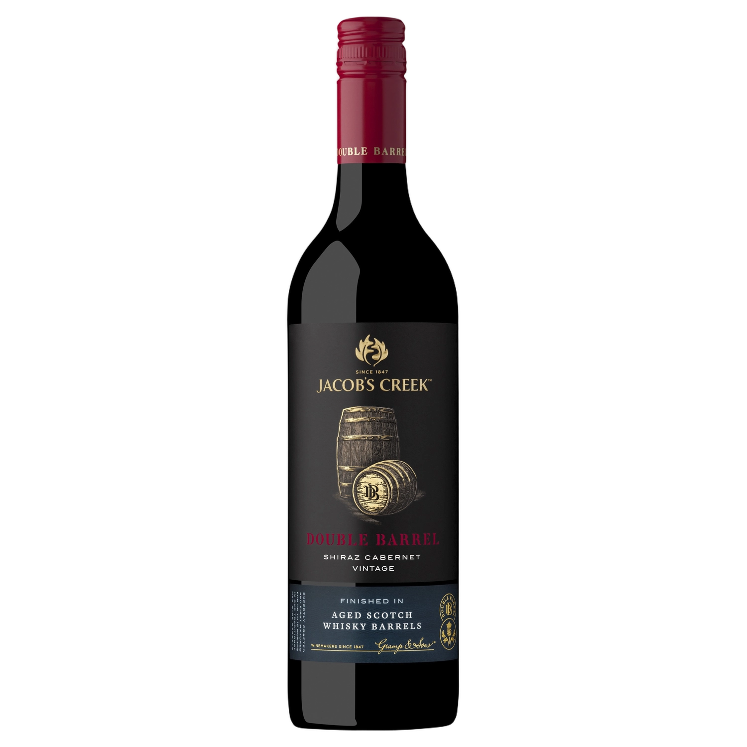 A bottle of 2022 Jacobs Creek Double Barrel Shiraz Cabernet 750ml Red Wine