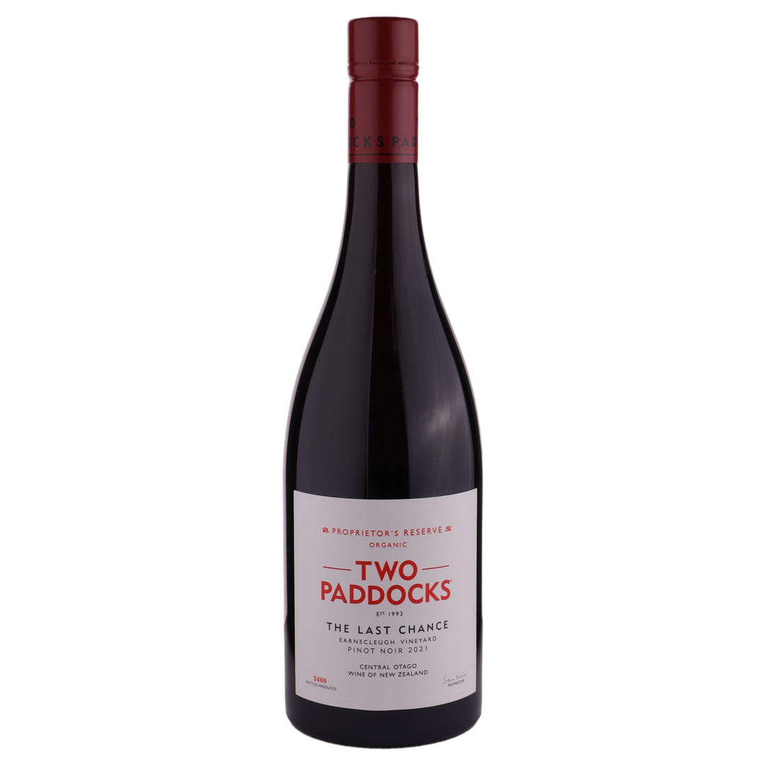 A bottle of 2021 Two Paddocks Proprietor's Reserve The Last Chance Pinot Noir AUS 750ml Red Wine