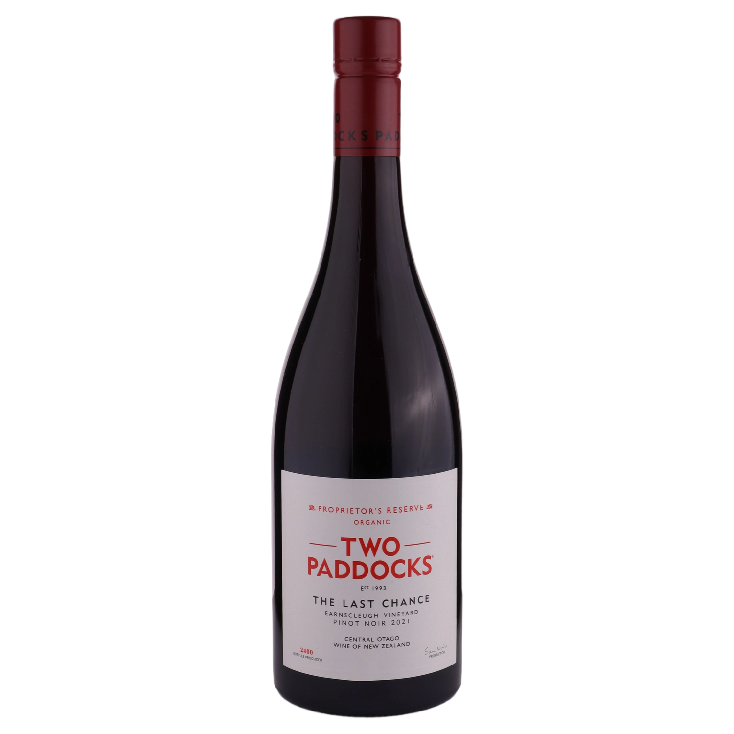 A bottle of 2021 Two Paddocks Proprietor's Reserve The Last Chance Pinot Noir AUS 750ml Red Wine