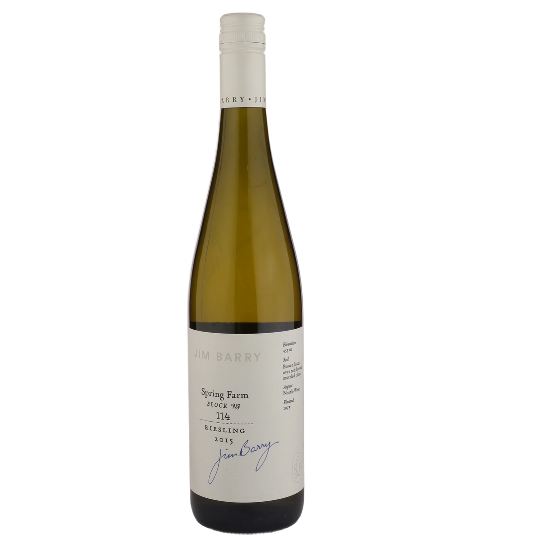 A bottle of 2015 Jim Barry Spring Farm Block 114 Riesling 750ml White Wine