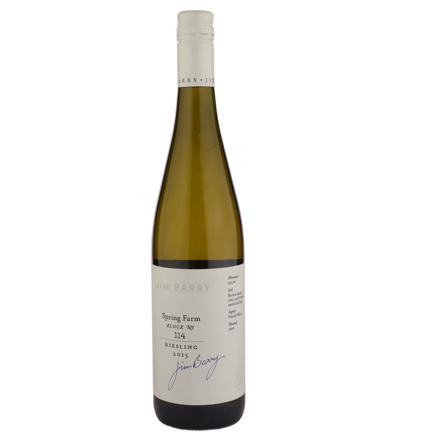 A bottle of 2015 Jim Barry Spring Farm Block 114 Riesling 750ml White Wine