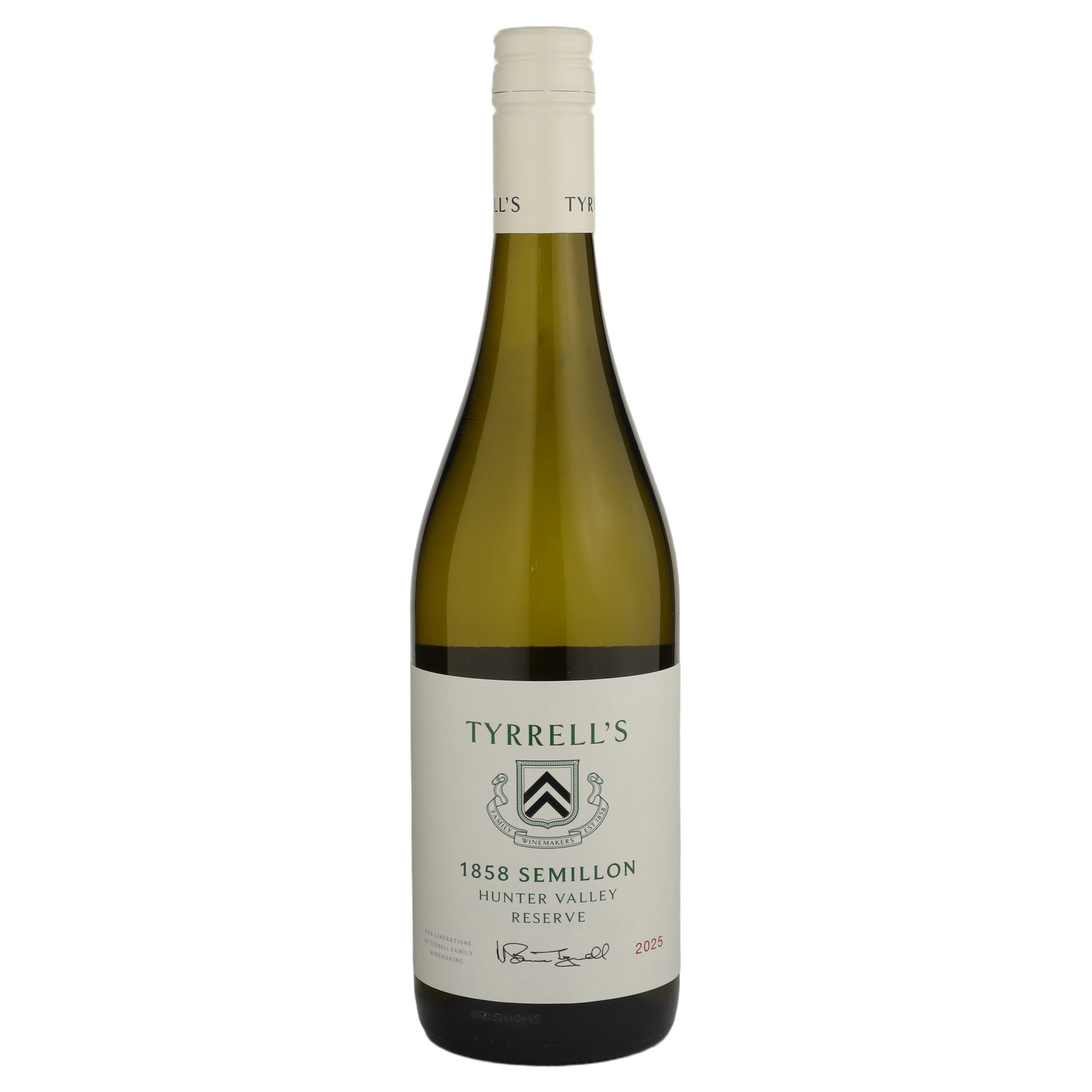 A bottle of 2025 Tyrrell's 1858 Reserve Hunter Valley Semillon 750ml White Wine