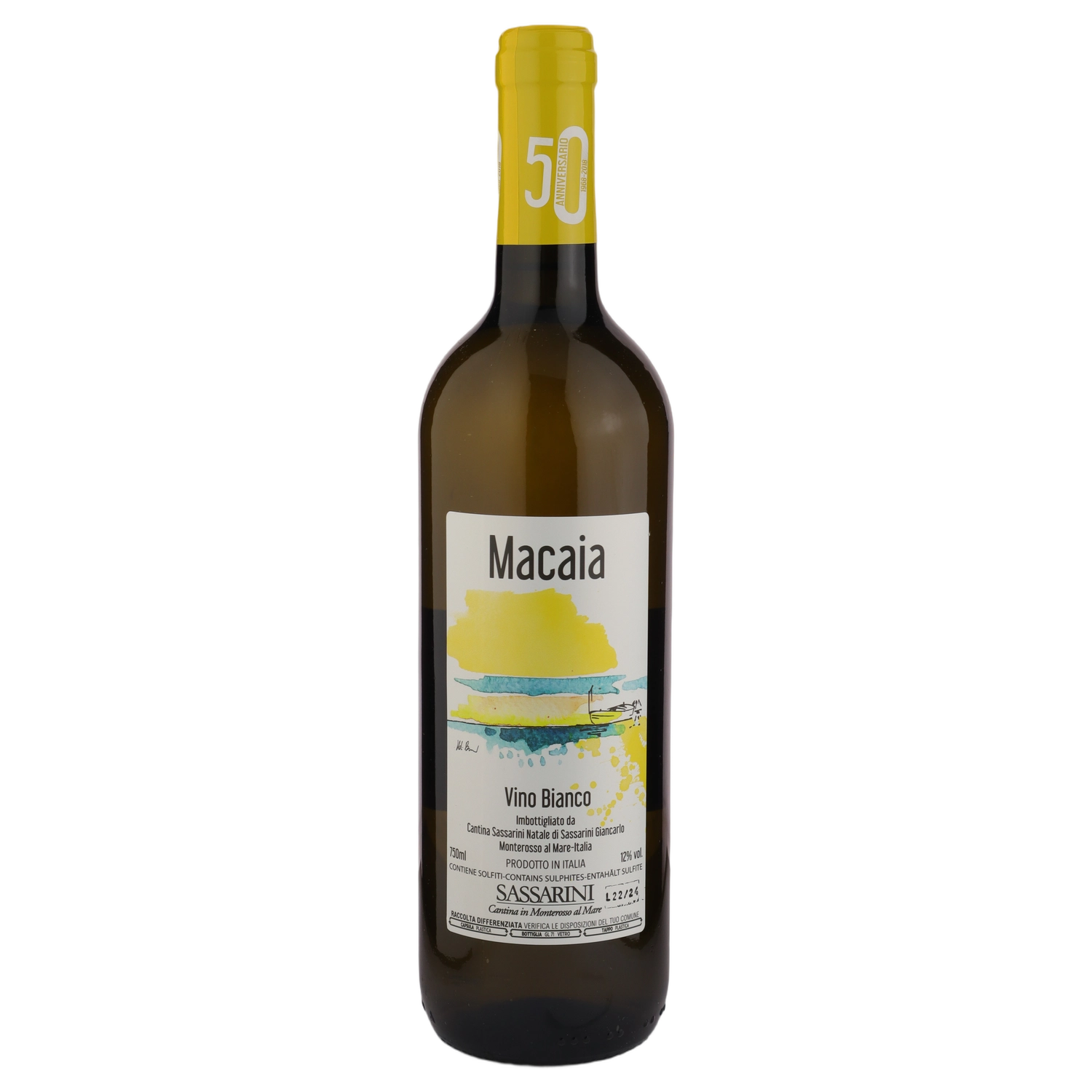 A bottle of Sassarini Vermentino Macaia Bianco 2024 750ml White Wine