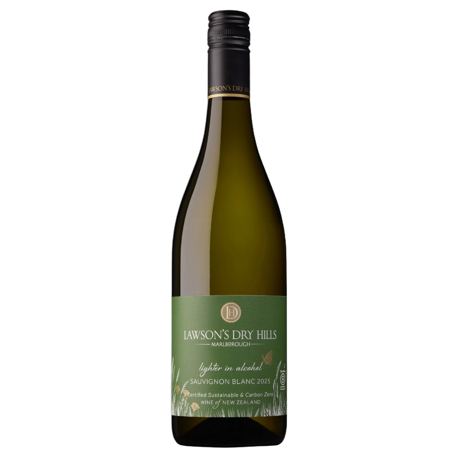 A bottle of 2025 Lawsons Dry Hills Lighter In Alcohol Sauvignon Blanc 750ml White Wine