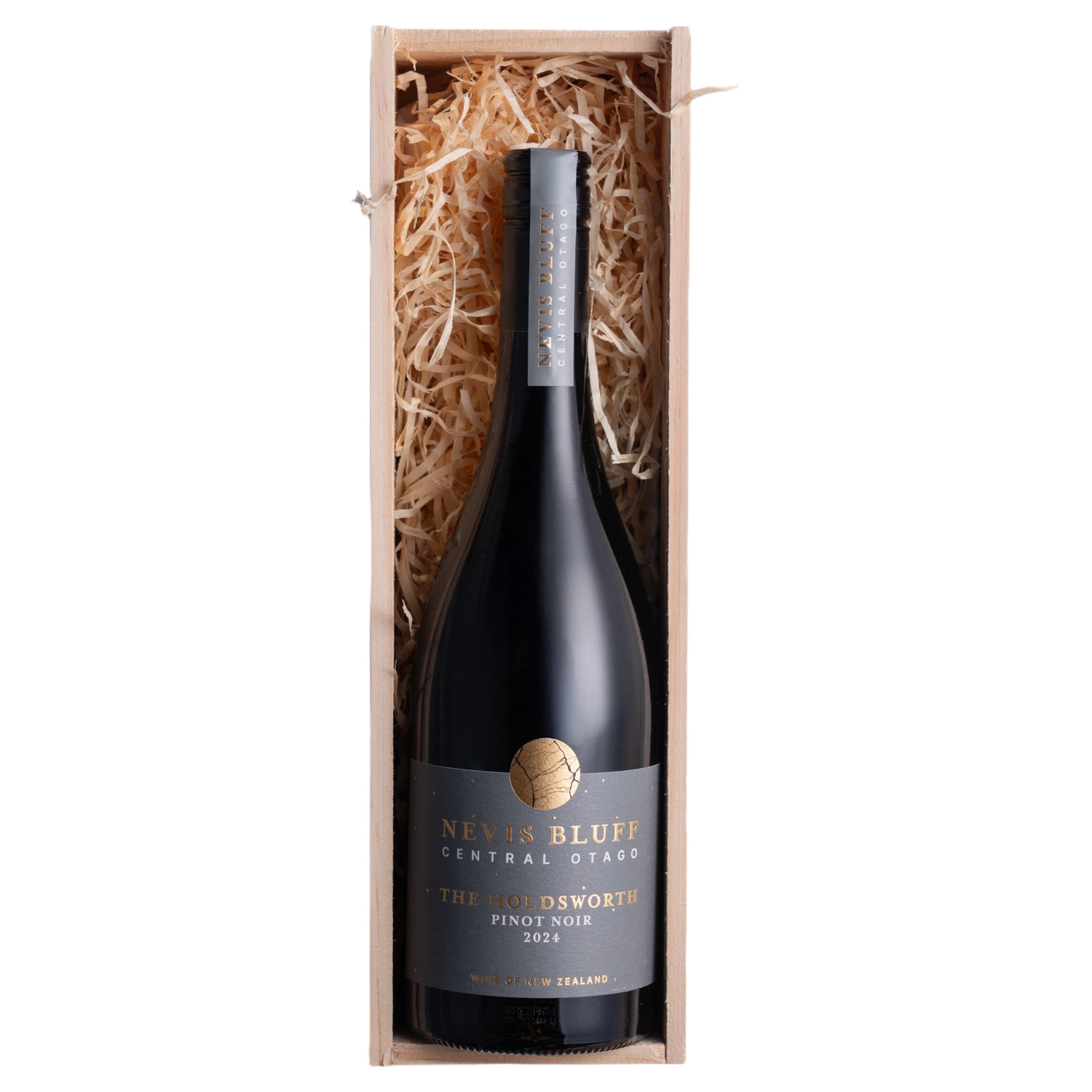 A bottle of Nevis Bluff The Holdsworth Pinot Noir Wooden Gift Box 2024 750ml Red Wine
