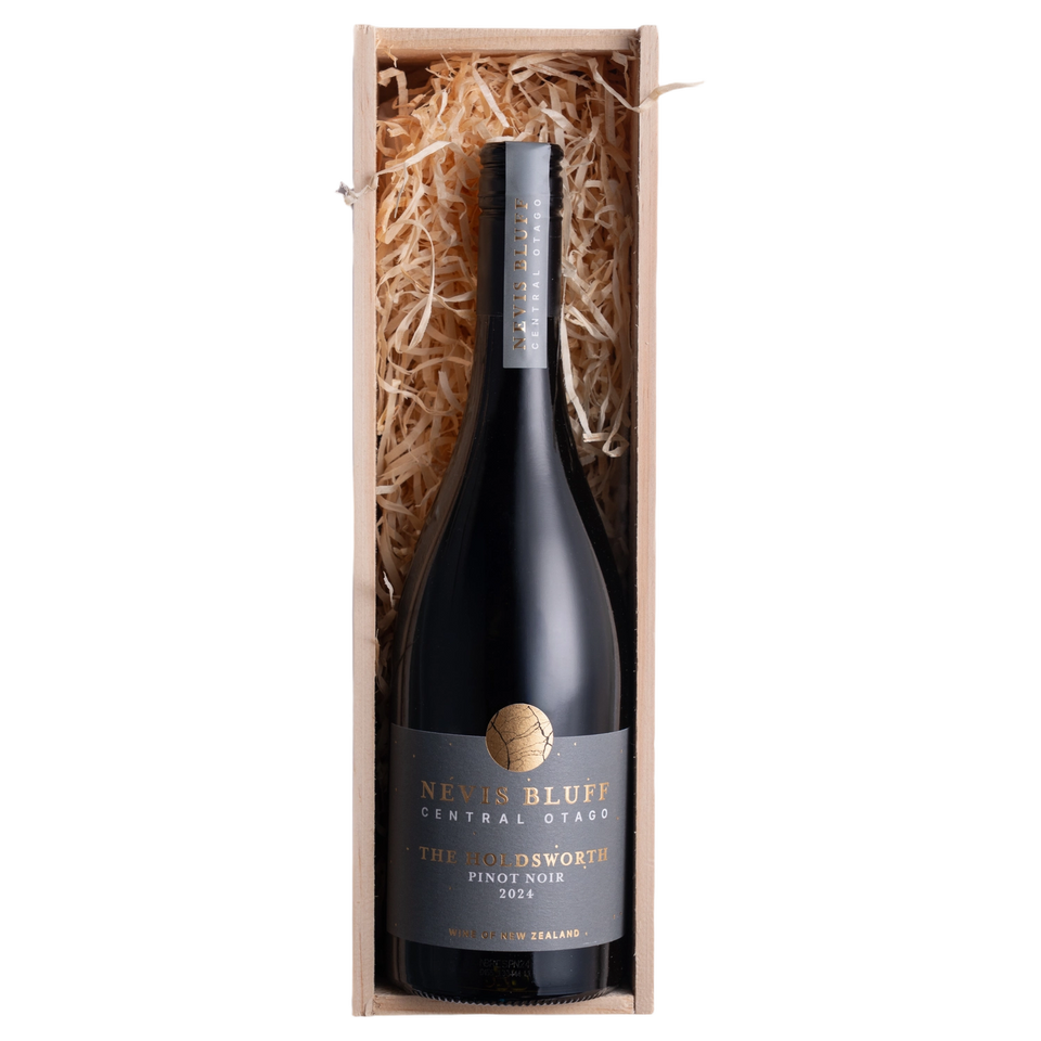 A bottle of Nevis Bluff The Holdsworth Pinot Noir Wooden Gift Box 2024 750ml Red Wine