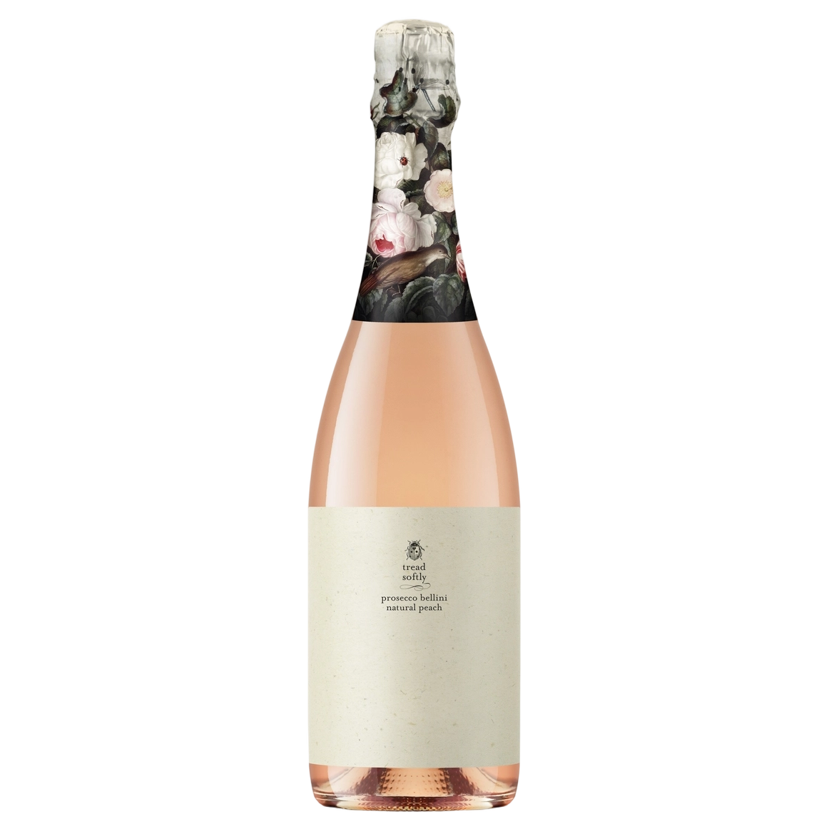 A bottle of NV Tread Softly Peach Bellini Prosecco 750ml Sparkling Wine