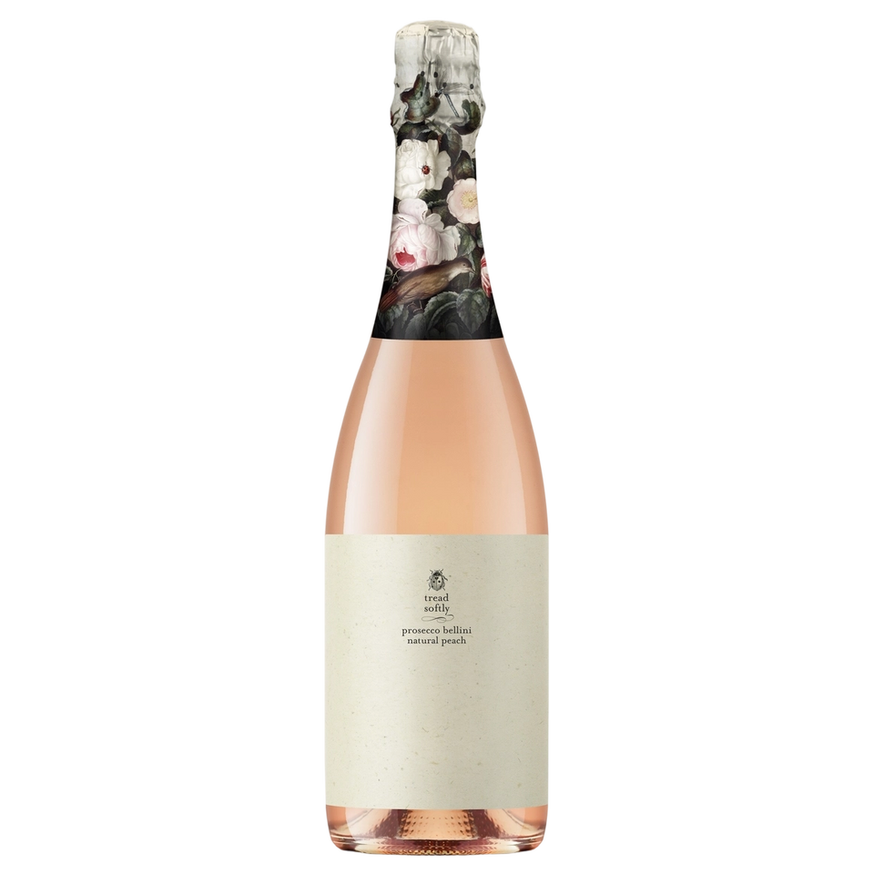 A bottle of NV Tread Softly Peach Bellini Prosecco 750ml Sparkling Wine