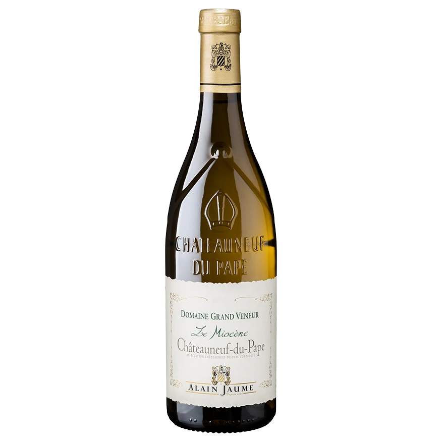 A bottle of Alain Jaume Le Miocine Blanc Chateauneuf du Pape 2024 750ml White Wine