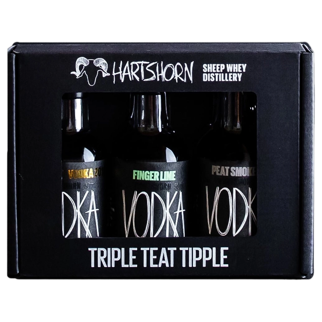 A bottle of Hartshorn Trio Original Finger Lime Peated Vodka Gift Pack 3 x 50ml