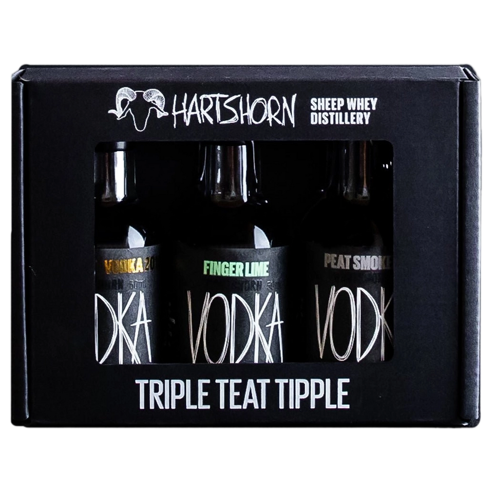 A bottle of Hartshorn Trio Original Finger Lime Peated Vodka Gift Pack 3 x 50ml