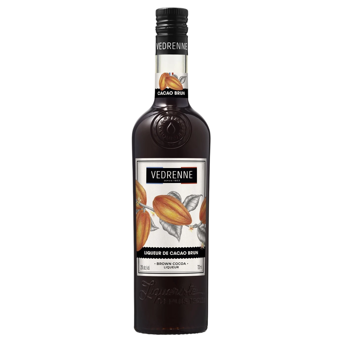 A bottle of Vedrenne Liqueur de Cacao Noir (Dark Cocoa) 25% 700ml