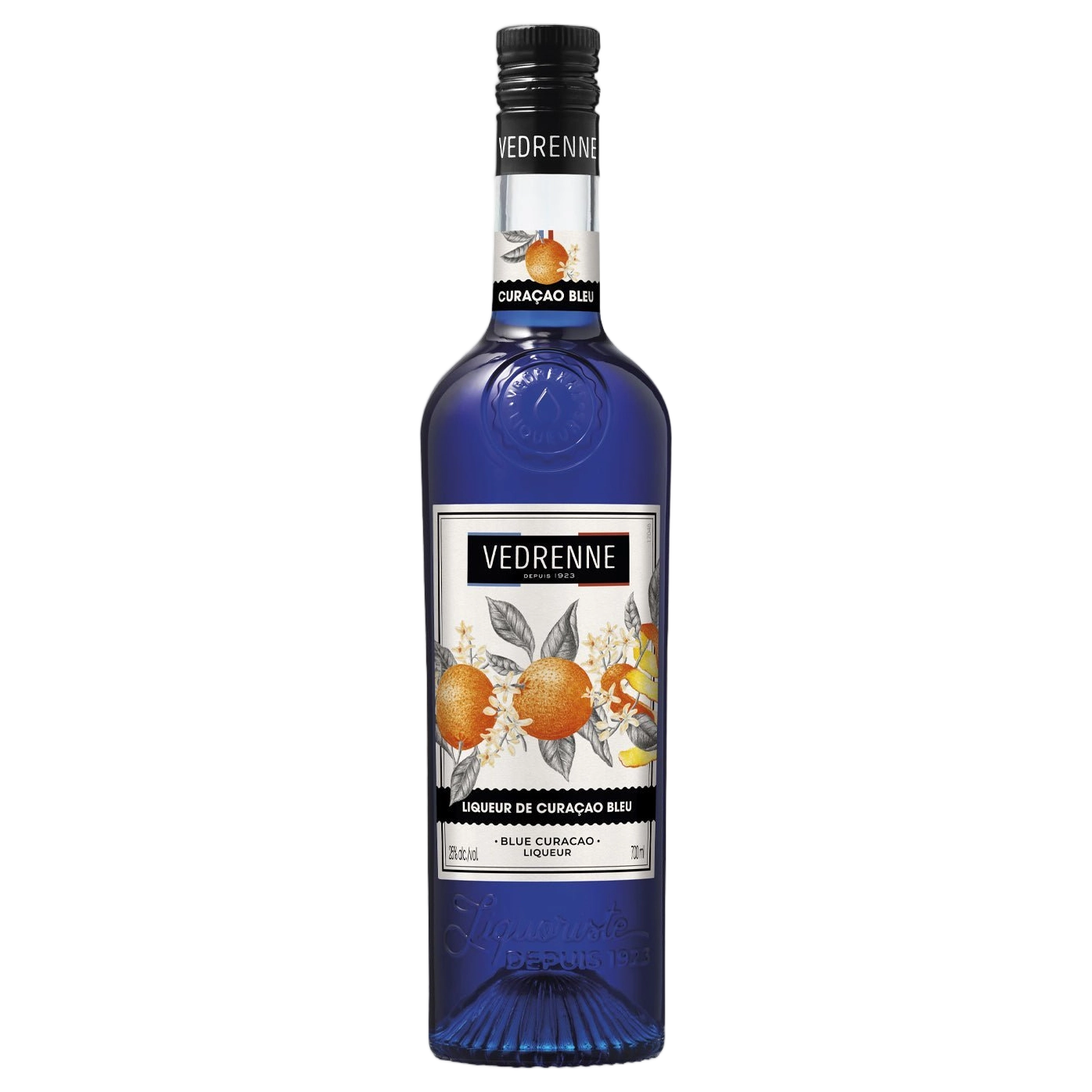 A bottle of Vedrenne Liqueur Curacao Bleu (Blue Curacao) 25% 700ml