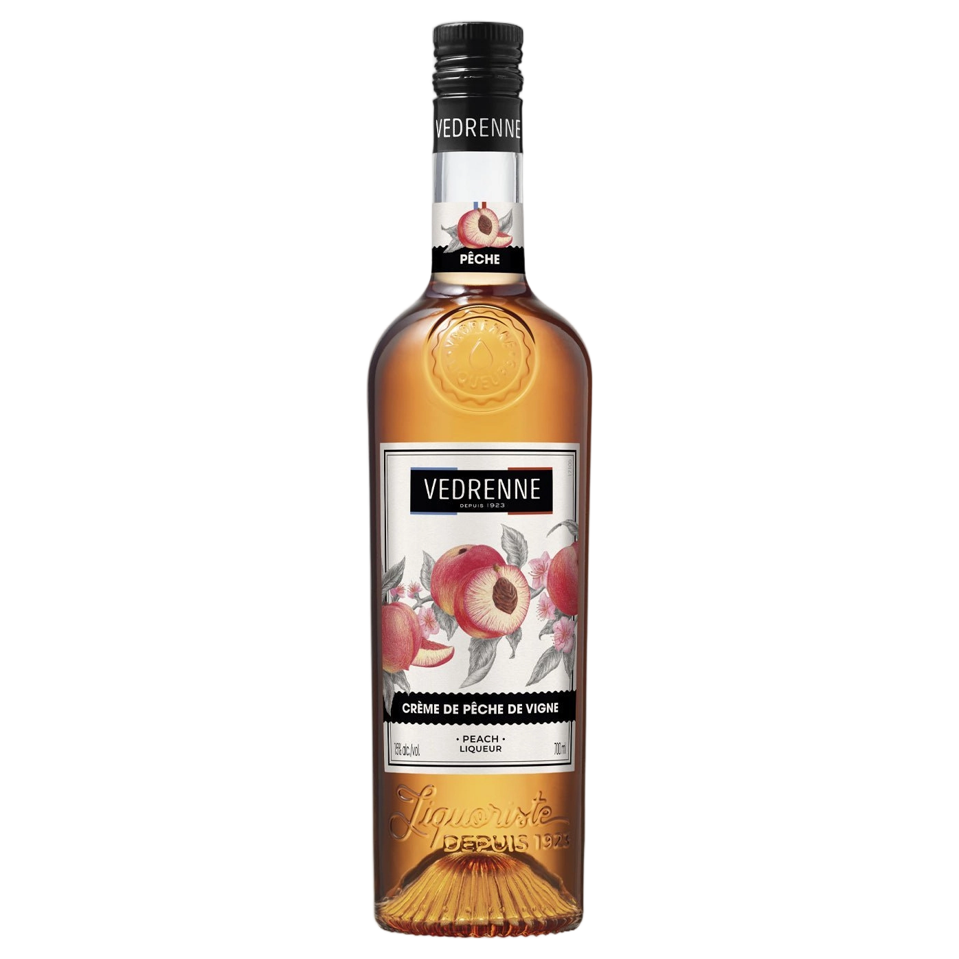 A bottle of Vedrenne Liqueur Creme de Peche de Vigne (Vineyard Peach) 15% 700ml