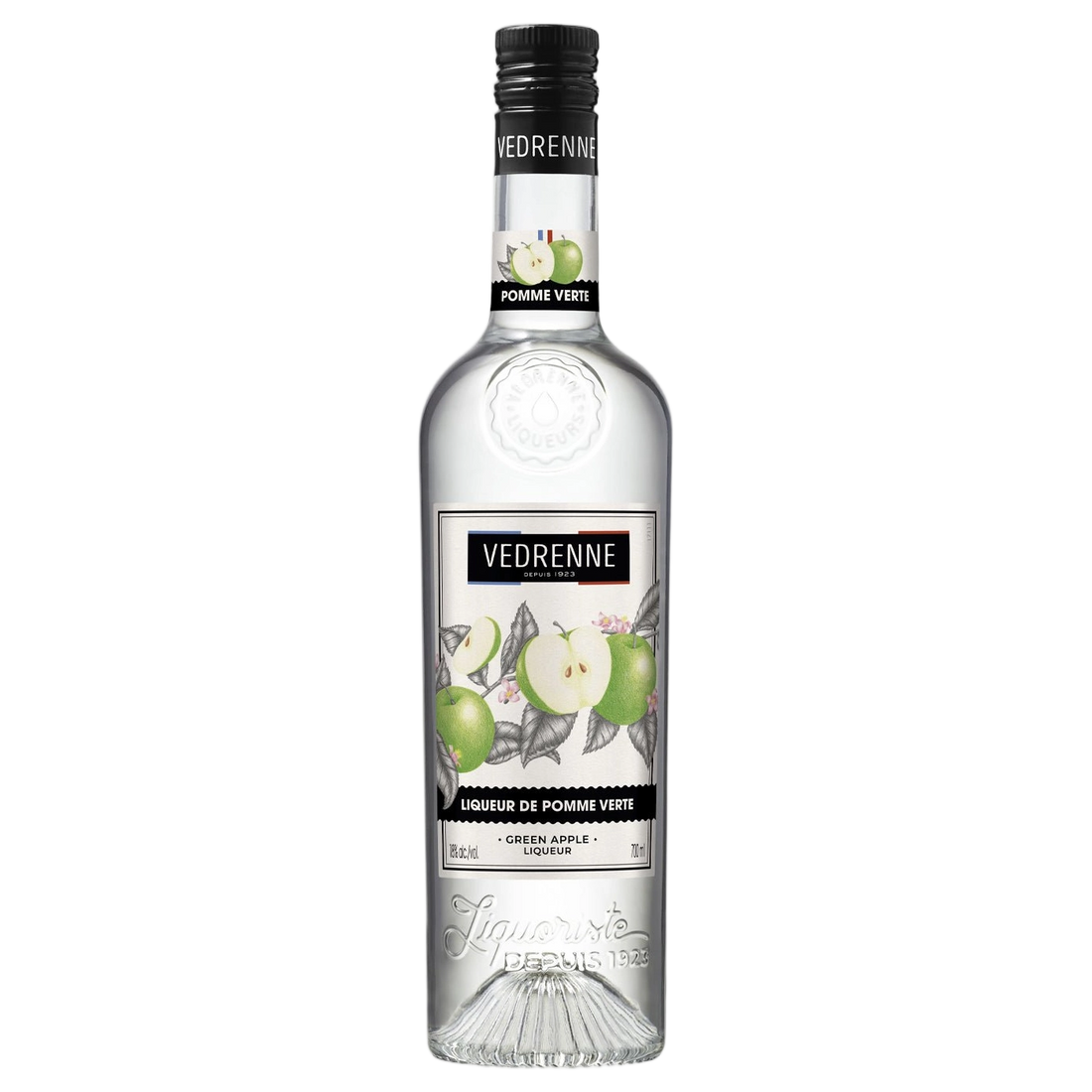 A bottle of Vedrenne Liqueur de Pomme Verte (Green Apple) 18% 700ml