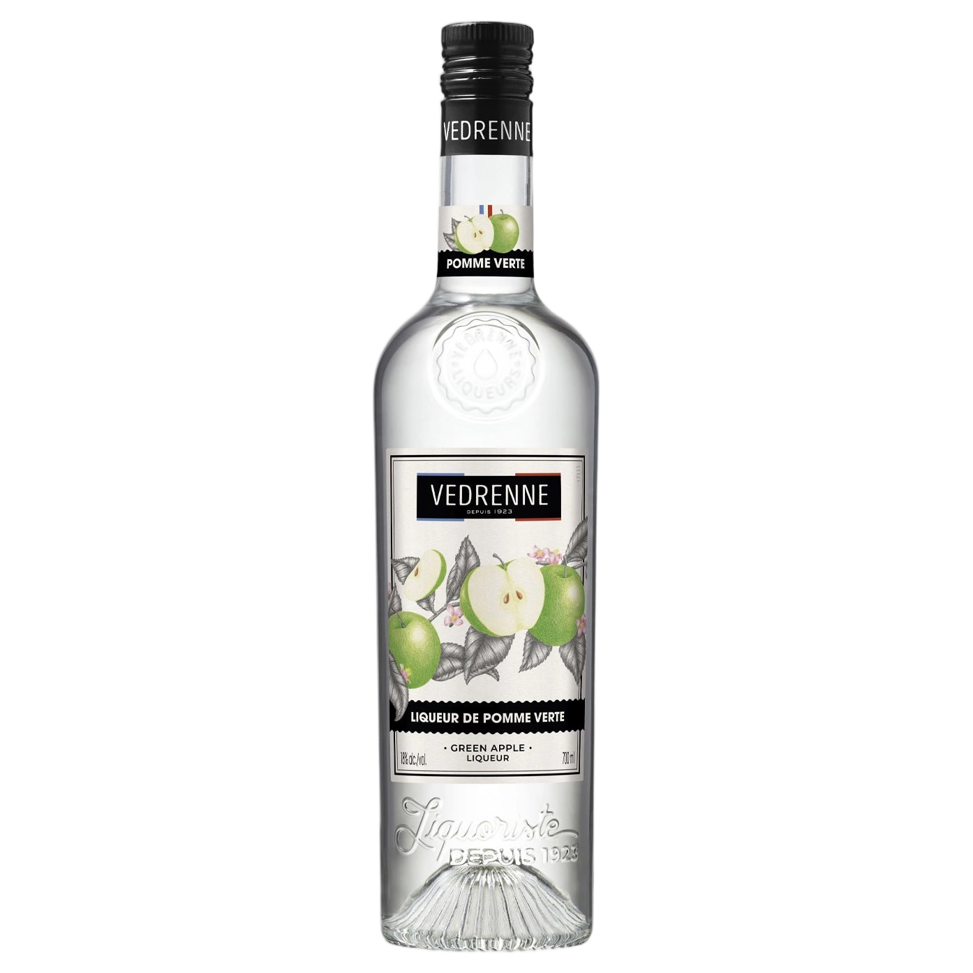A bottle of Vedrenne Liqueur de Pomme Verte (Green Apple) 18% 700ml