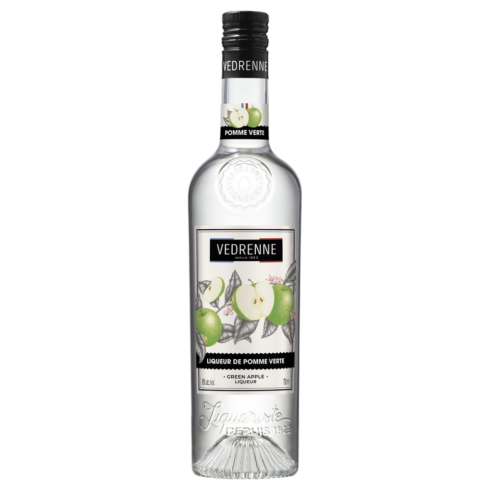 A bottle of Vedrenne Liqueur de Pomme Verte (Green Apple) 18% 700ml