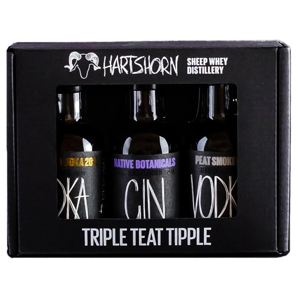 A bottle of Hartshorn Trio Original Vodka Gin Peated Vodka Gift Pack 3 x 50ml