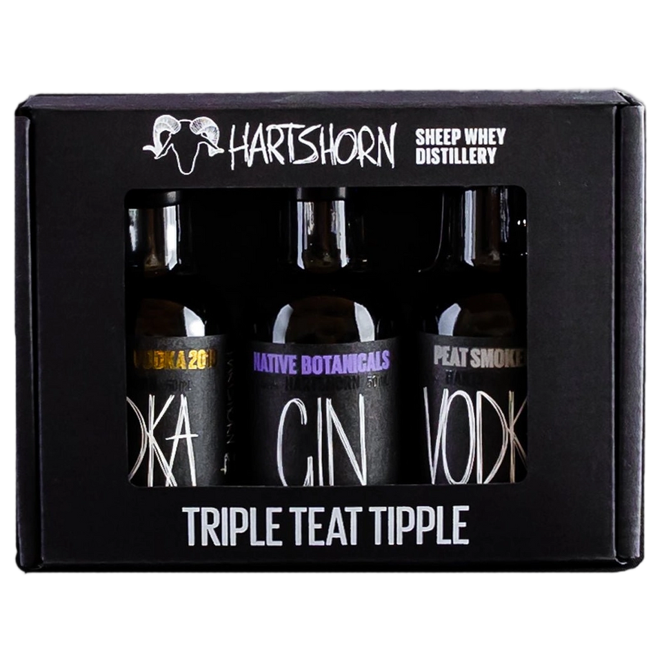 A bottle of Hartshorn Trio Original Vodka Gin Peated Vodka Gift Pack 3 x 50ml