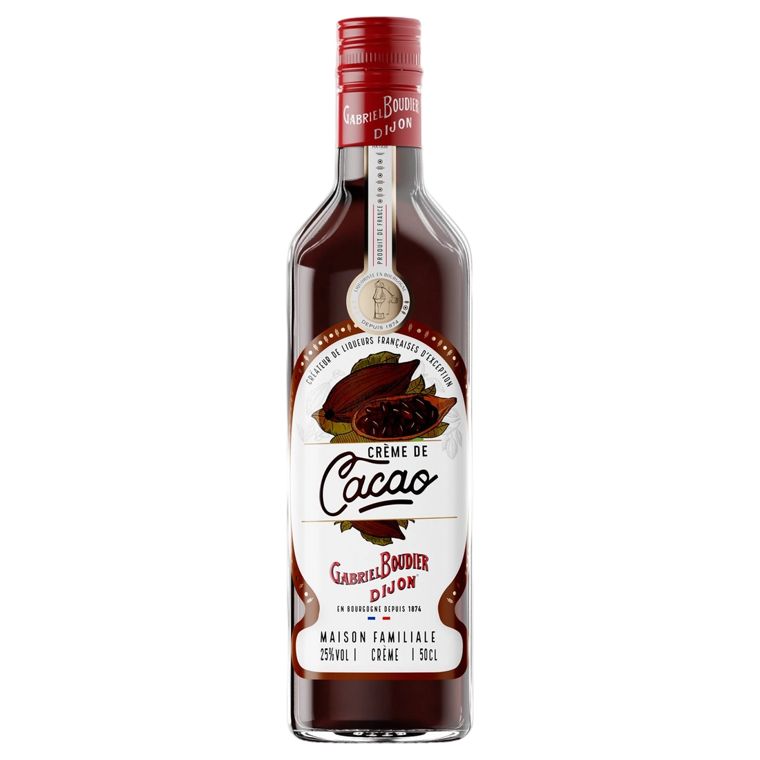 A bottle of Gabriel Boudier Creme De Cacao Noir (Dark Chocolate) Liqueur 25% 500ml