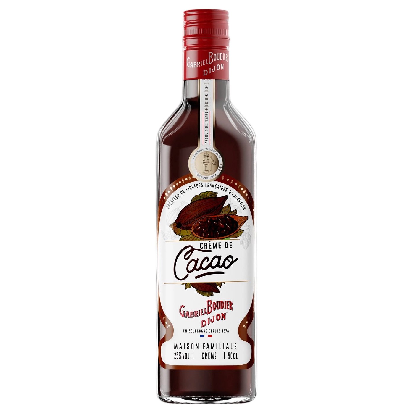 A bottle of Gabriel Boudier Creme De Cacao Noir (Dark Chocolate) Liqueur 25% 500ml