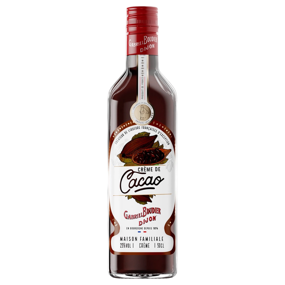 A bottle of Gabriel Boudier Creme De Cacao Noir (Dark Chocolate) Liqueur 25% 500ml