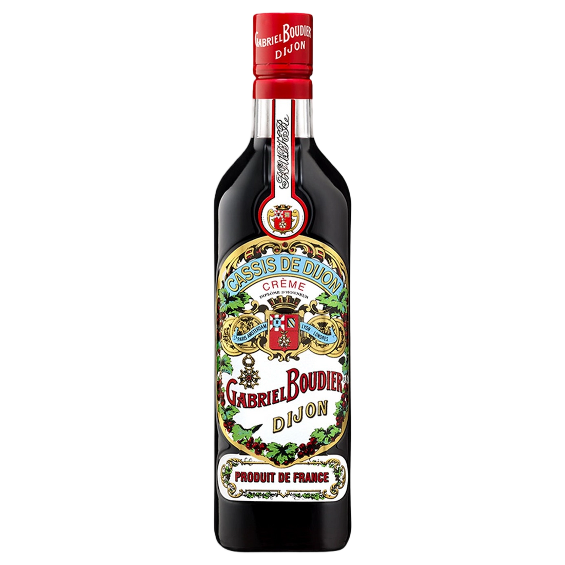 A bottle of Gabriel Boudier Crème de Cassis (Blackcurrant) Liqueur 20% 700ml