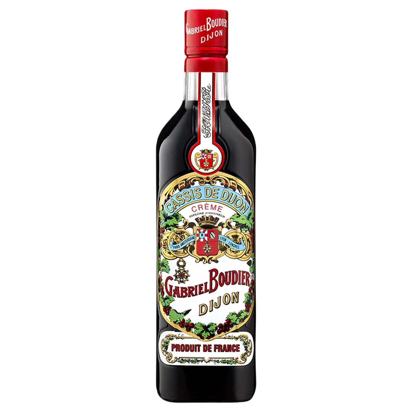 A bottle of Gabriel Boudier Crème de Cassis (Blackcurrant) Liqueur 20% 700ml