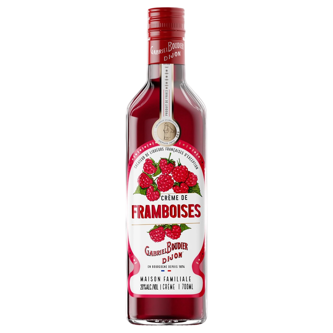 A bottle of Gabriel Boudier Creme De Framboise (Raspberry) Liqueur 20% 700ml