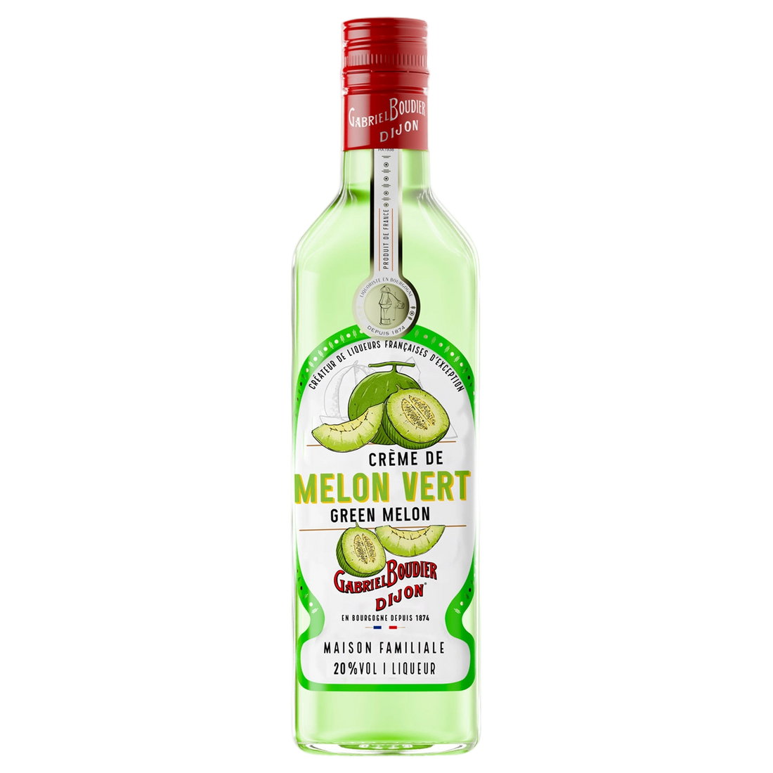A bottle of Gabriel Boudier Creme De Melon Vert (Green Melon) Liqueur 20% 700ml