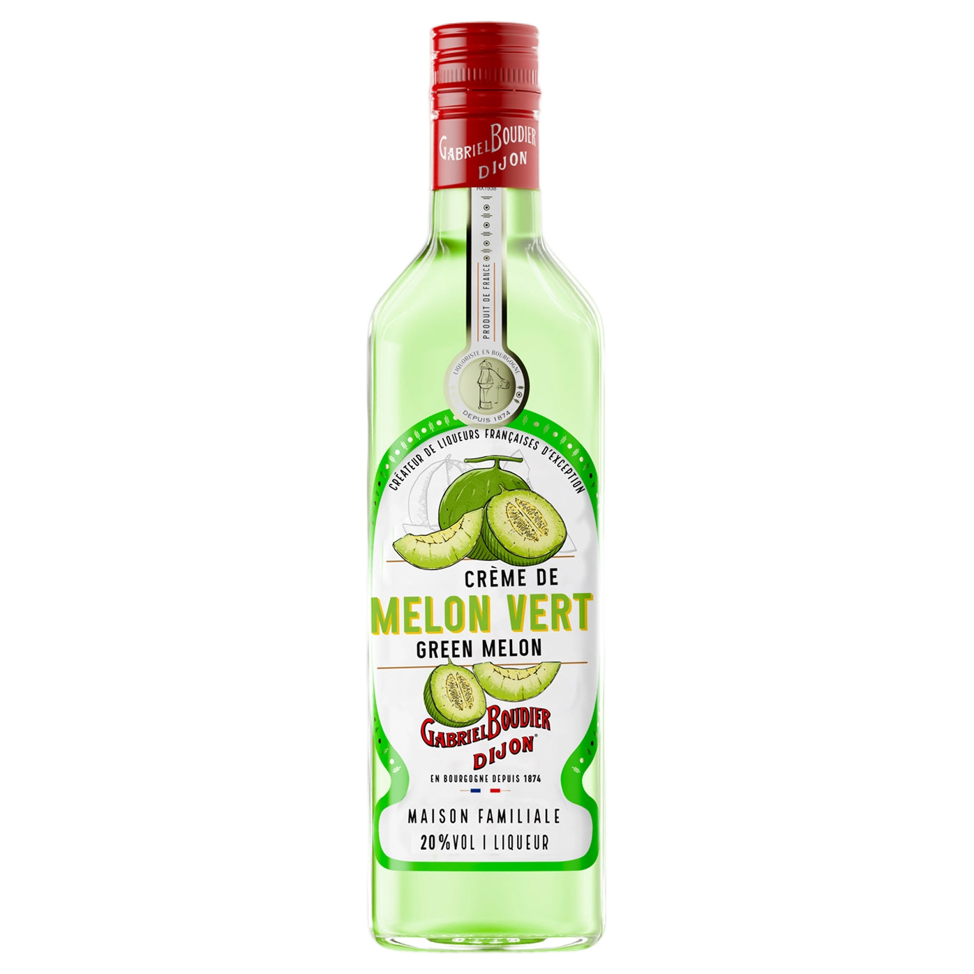 A bottle of Gabriel Boudier Creme De Melon Vert (Green Melon) Liqueur 20% 700ml