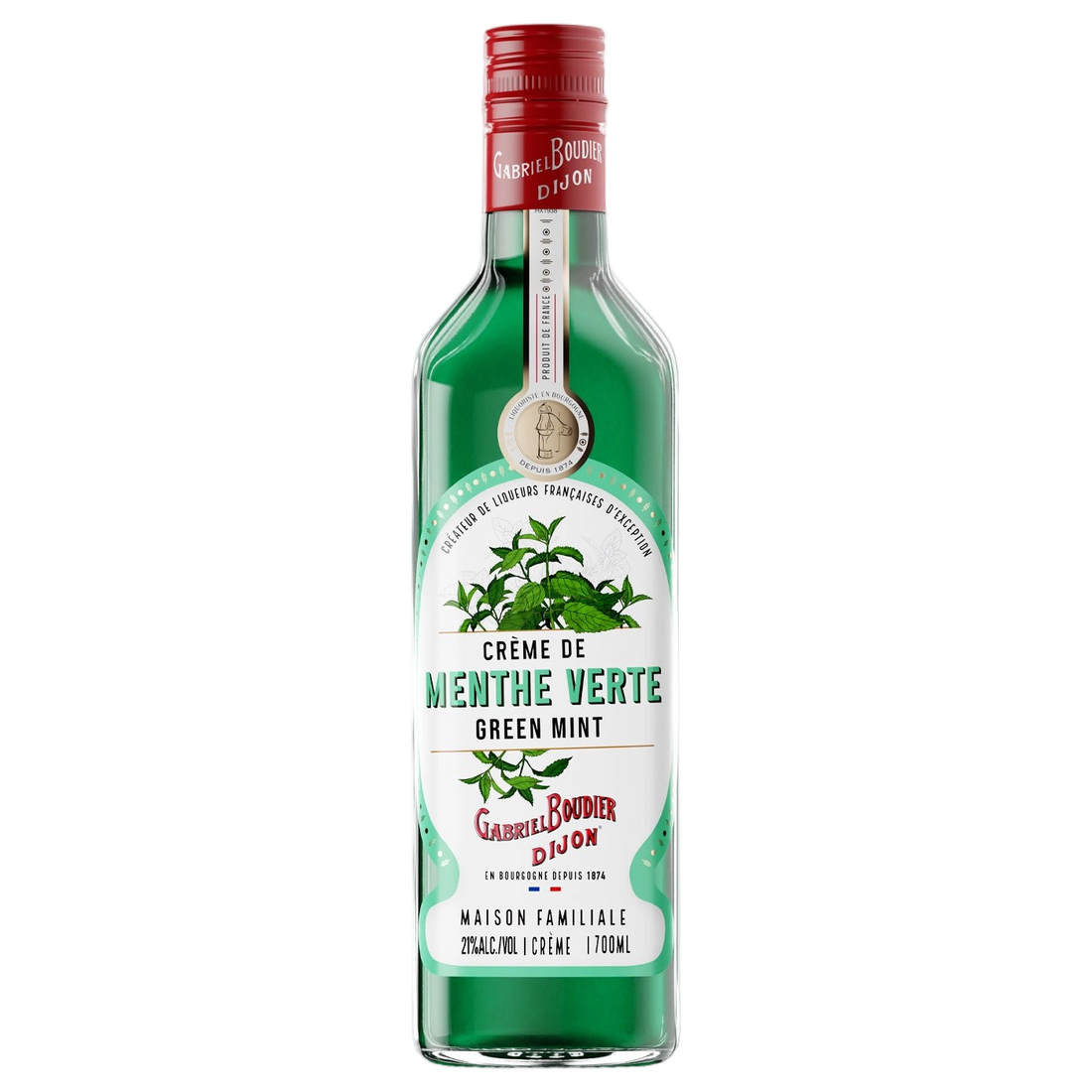 A bottle of Gabriel Boudier Creme De Menthe Verte (Green Mint) Liqueur 21% 500ml
