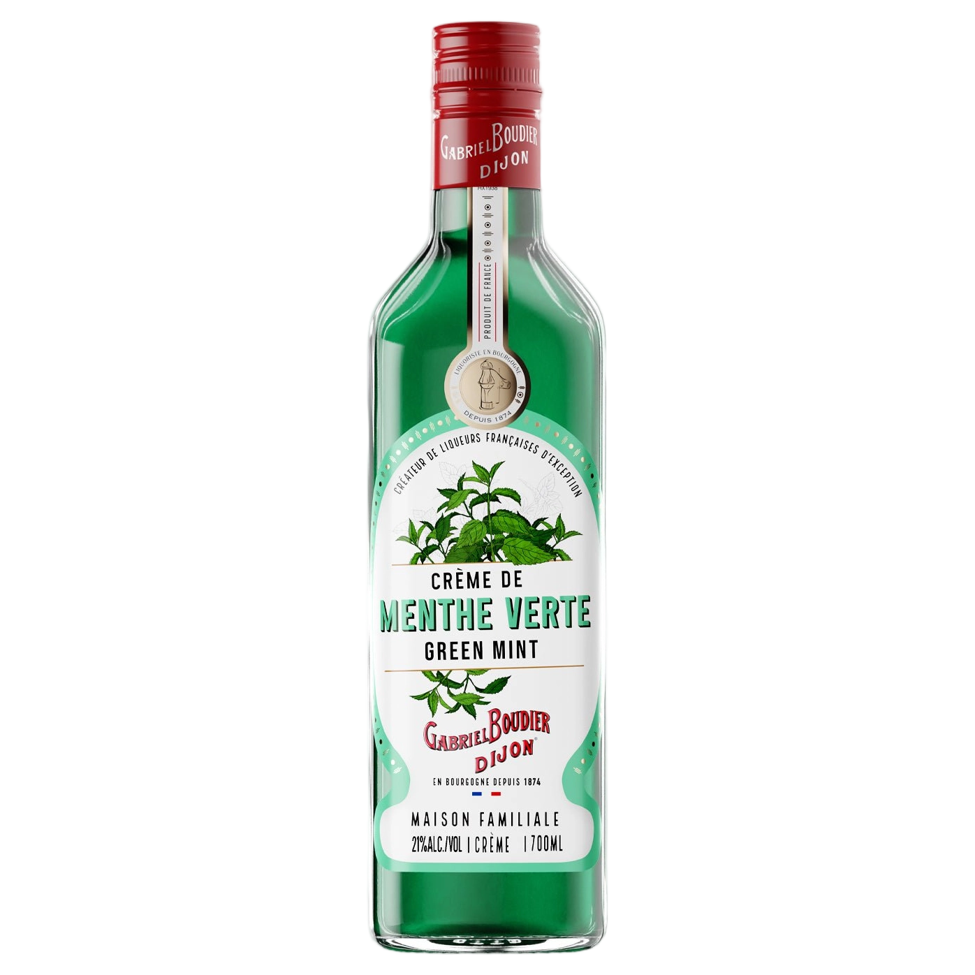 A bottle of Gabriel Boudier Creme De Menthe Verte (Green Mint) Liqueur 21% 500ml
