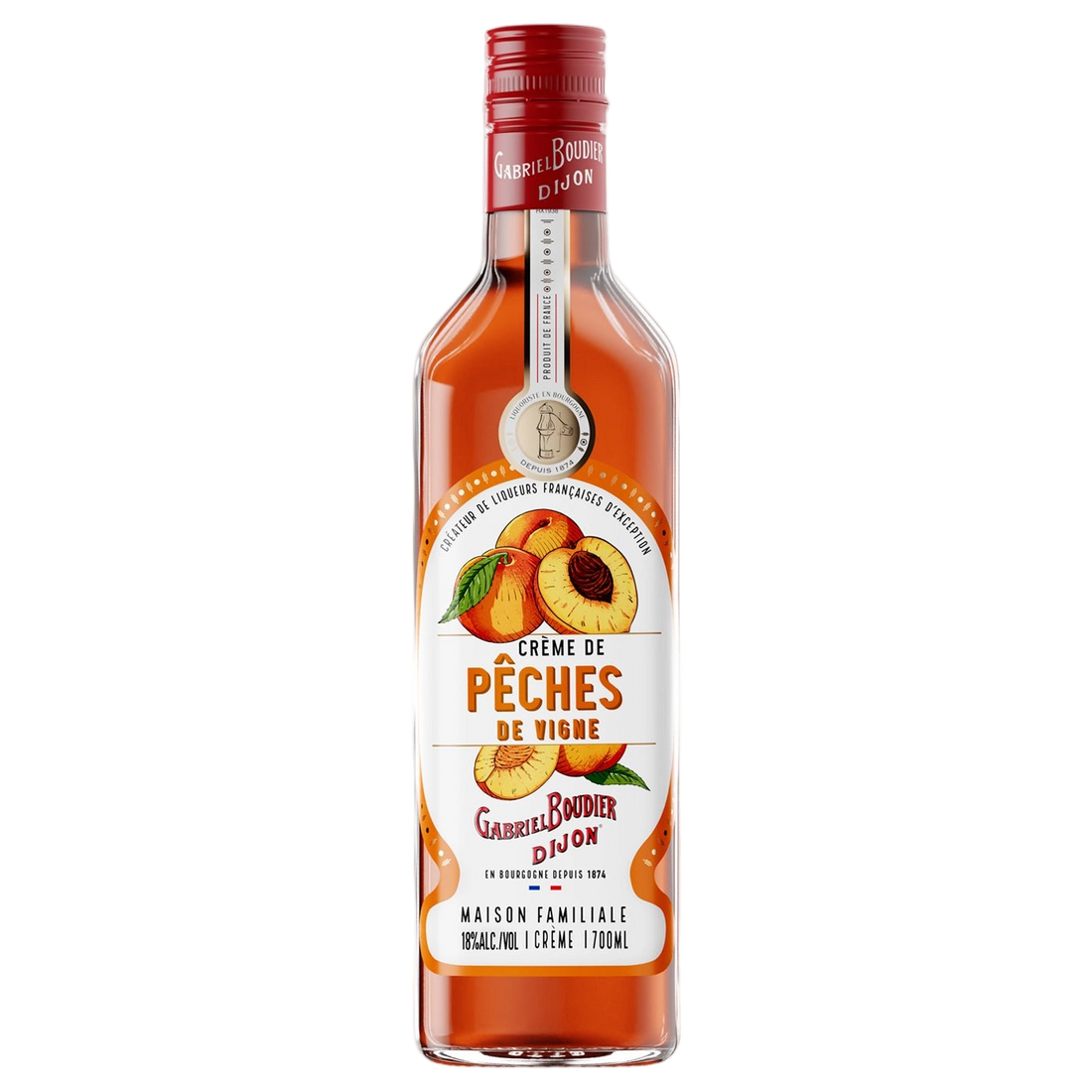 A bottle of Gabriel Boudier Crème de Peche (Peach) Liqueur 18% 700ml