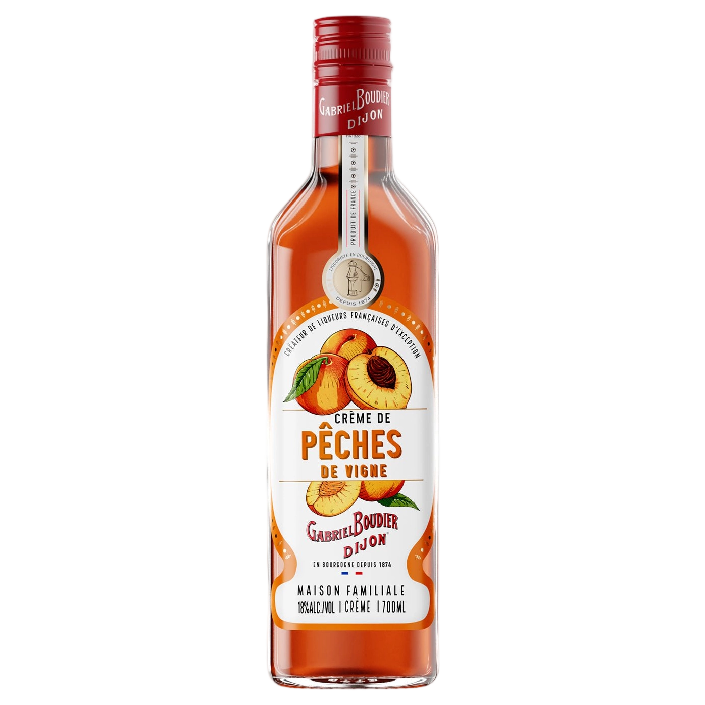 A bottle of Gabriel Boudier Crème de Peche (Peach) Liqueur 18% 700ml