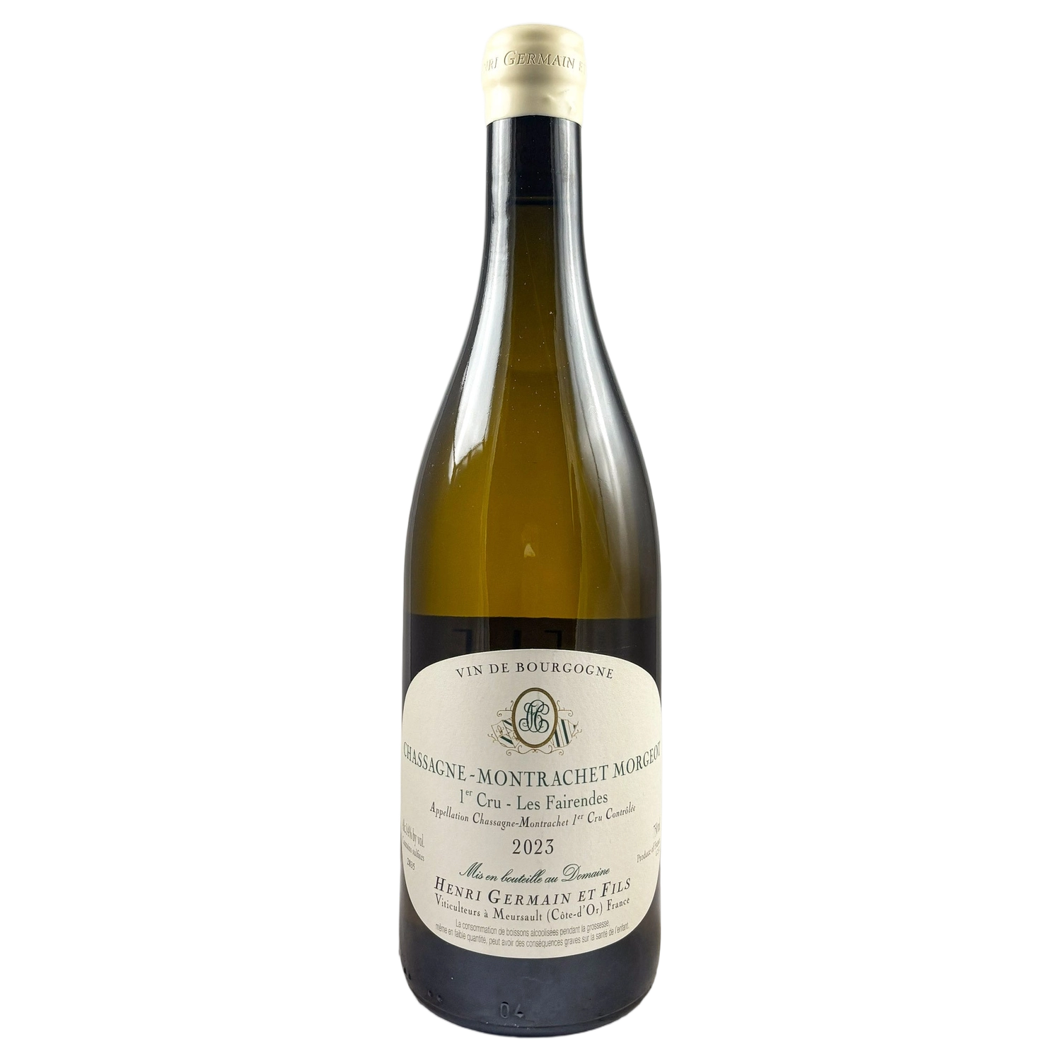 A bottle of Domaine Henri Germain Chassagne Montrachet 1er Cru Morgeot Les Fairendes 2023 750ml White Wine