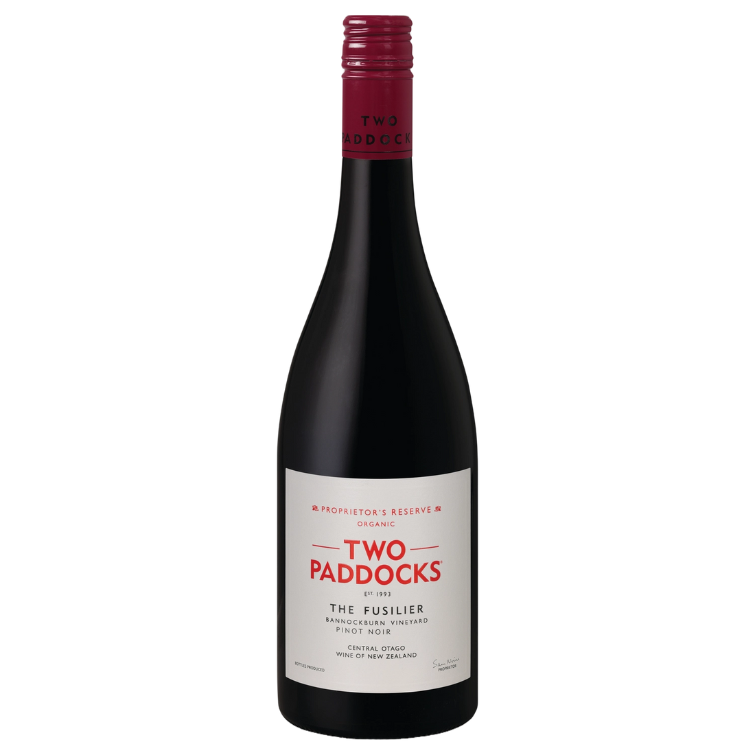 A bottle of Two Paddocks Proprietor's Reserve The Fusilier Pinot Noir Aust 2022 750ml Red Wine