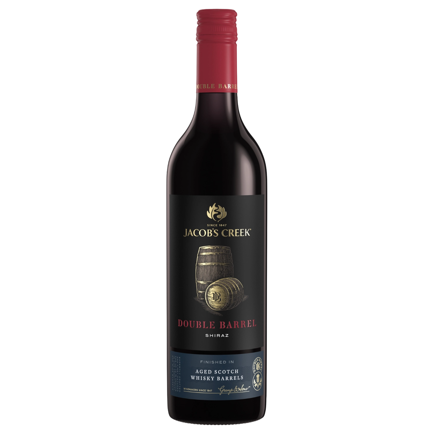 A bottle of Jacobs Creek Double Barrel Shiraz Cabernet 2022 750ml Red Wine