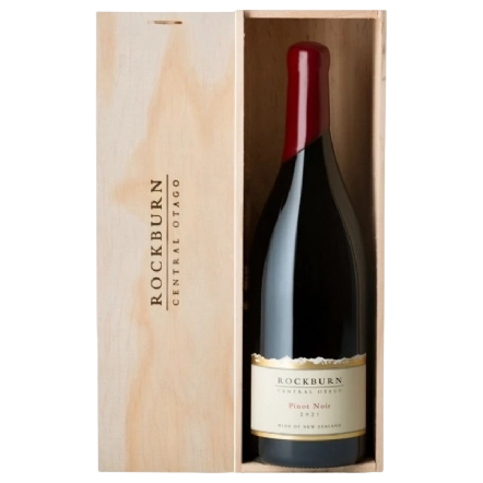 A bottle of Rockburn Pinot Noir Central Otago 2022 Wooden Box 1500ml Red Wine