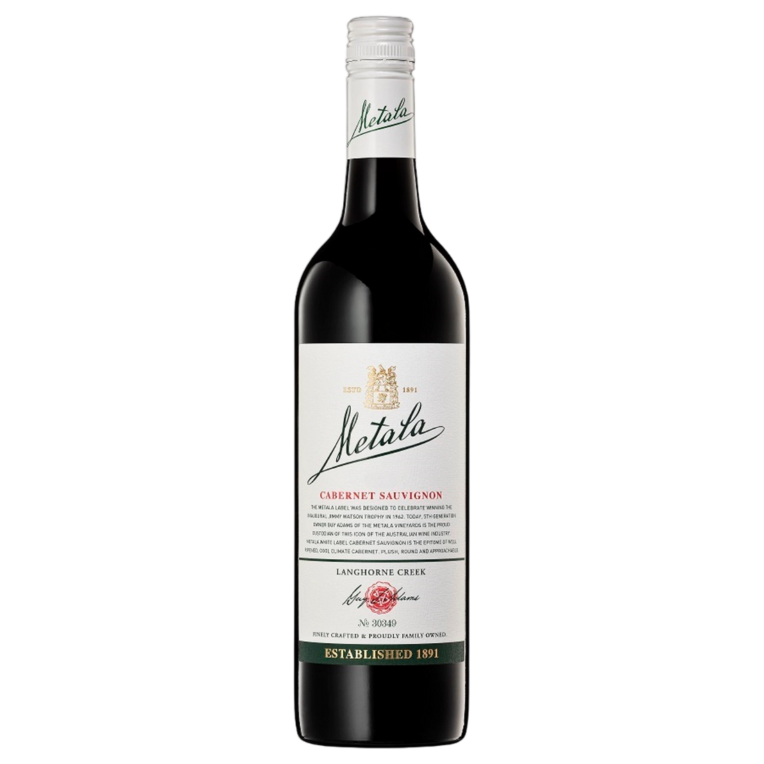 A bottle of Metala White Label Langhorne Creek Cabernet Sauvignon 2020 750ml Red Wine