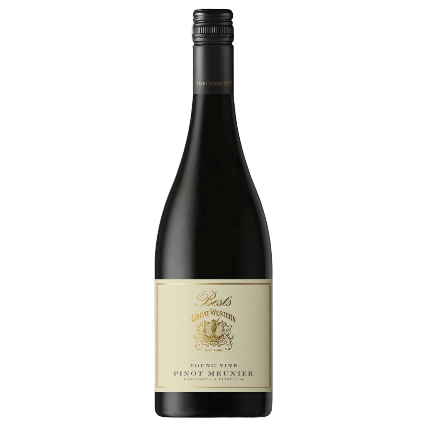 A bottle of Best's Great Western Young Vine Pinot Meunier 2025 750ml Red Wine
