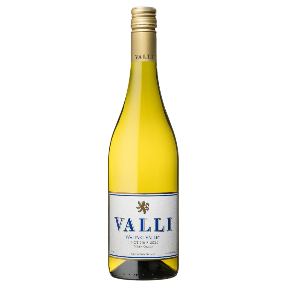 A bottle of Valli Vineyards Waitaki Pinot Gris 2025 750ml White Wine