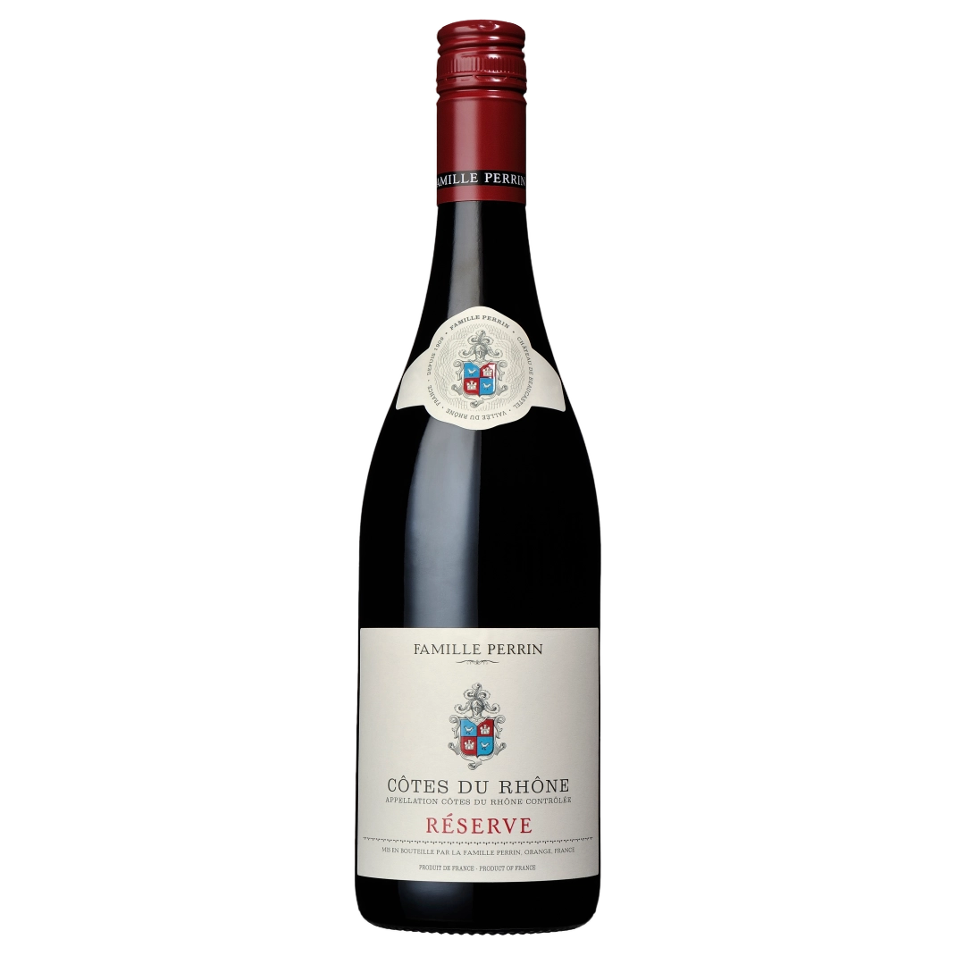 A bottle of Famille Perrin Réserve Côtes du Rhône Rouge 2023 750ml Red Wine
