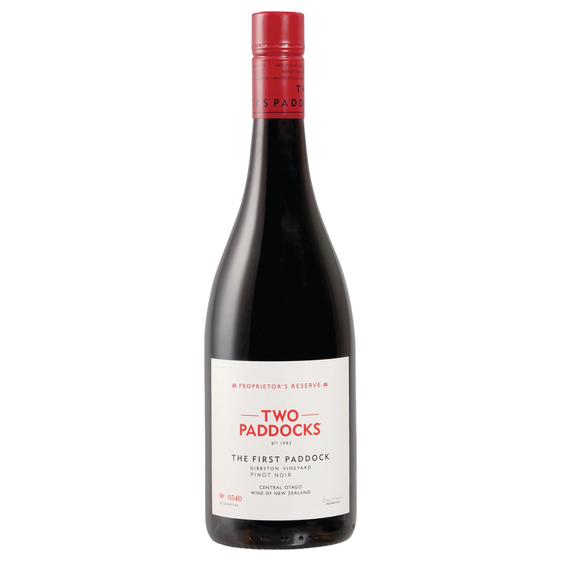 A bottle of Two Paddocks Proprietor's Reserve The First Paddock Pinot Noir Aust 2021 750ml Red Wine