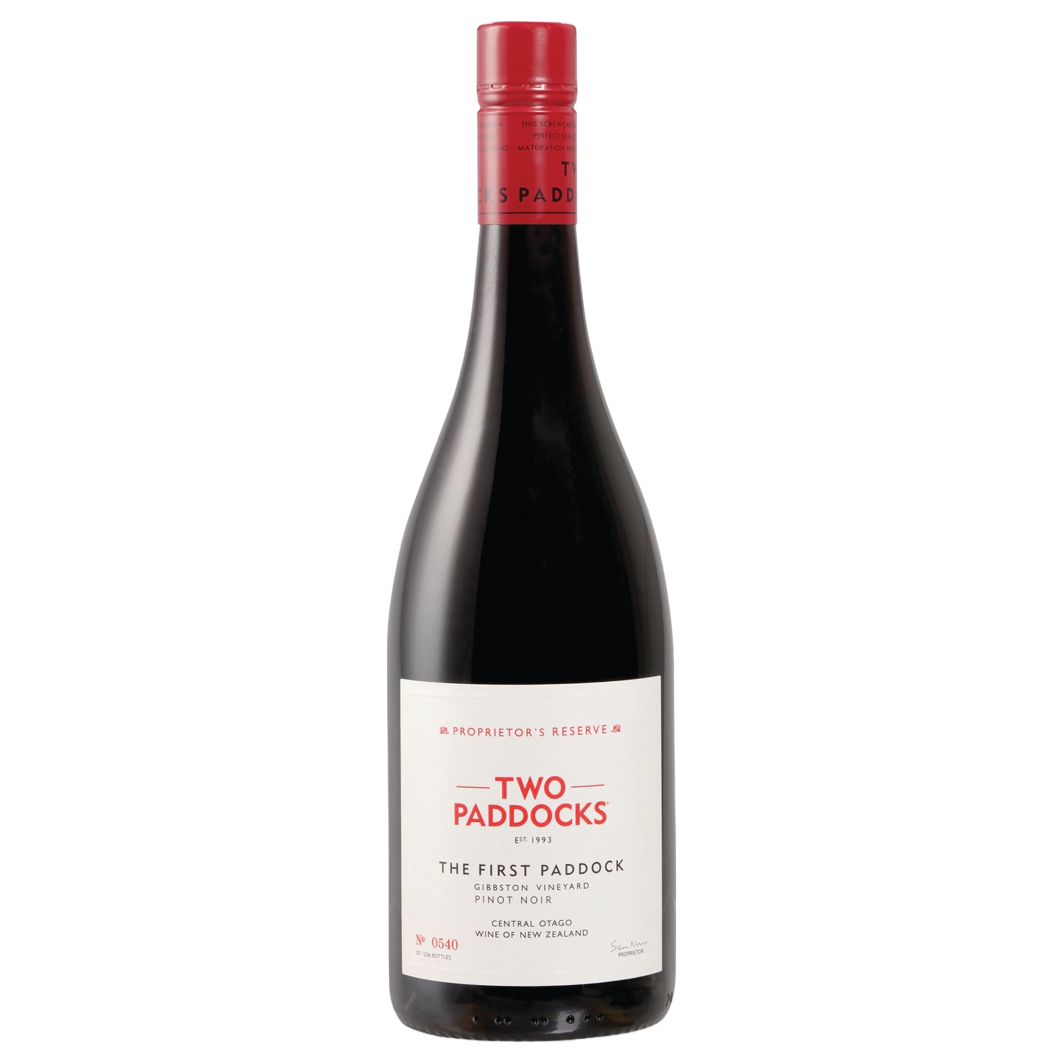 A bottle of Two Paddocks Proprietor's Reserve The First Paddock Pinot Noir Aust 2021 750ml Red Wine