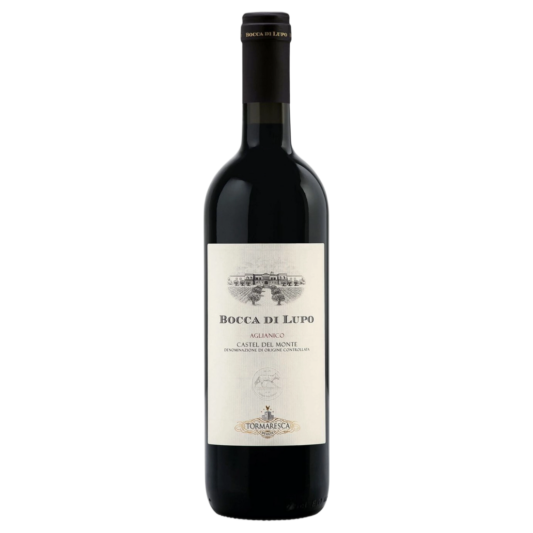 A bottle of Tormaresca Bocca di Lupo Castel del Monte DOC 2018 750ml Red Wine