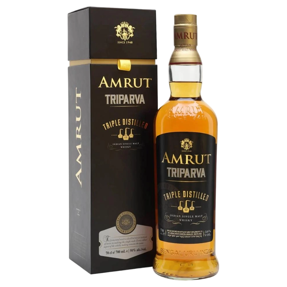 A bottle of Amrut Triparva Triple Distilled Indian Single Malt 50% 700ml